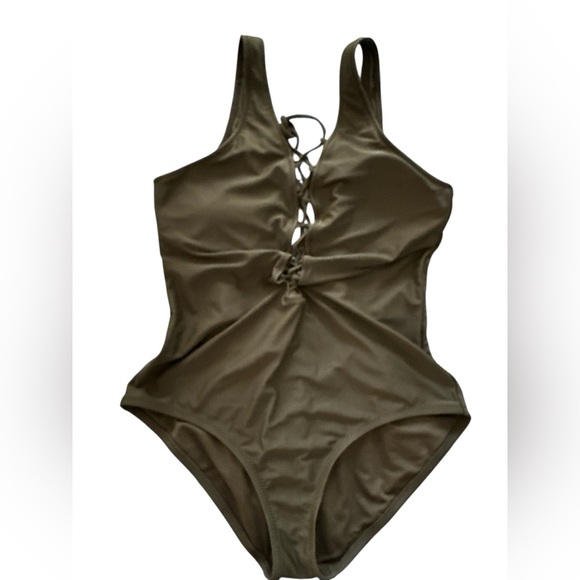 Olive Green One Piece Lace Front Swimsuit - Picture 1 of 5